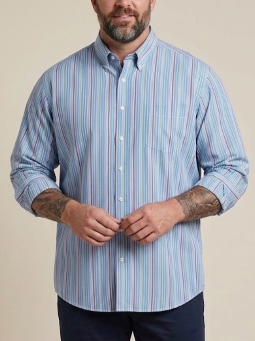 Men's Blue Multi Stripe Button-Down Shirt Big & Tall Neck 20 39/0 Classic Collar